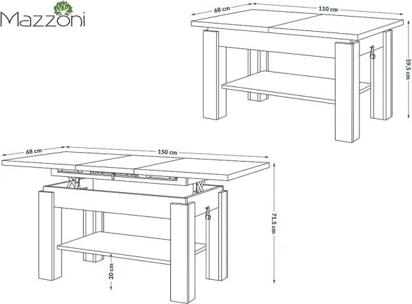 АСТОРИА Кафяв дъб - РАЗТЕГАТЕЛНА ХОЛНА МАСА С ПОВДИГАЩ МЕХАНИЗЪМ С РАФТ