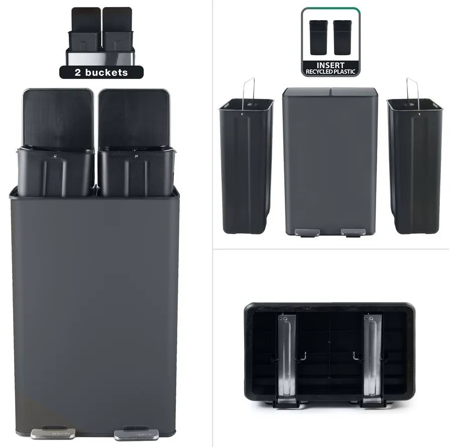 Тъмносиво стоманено кошче за боклук 2x30 l за рециклиране с педал Aliya – Spirella