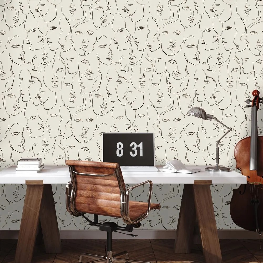 Самозалепващ тапет – Абстрактни рисунки на лица на бежов фон