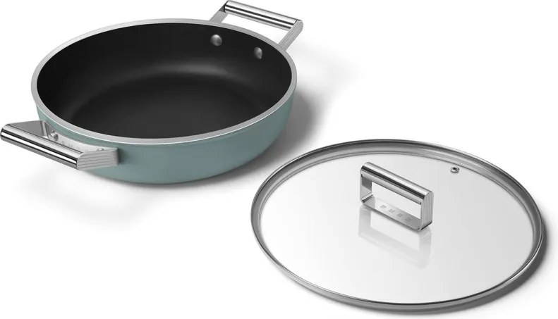 Плитка тенджера с капак Smeg DPF2812EGM, 28 см, 4.3 л, Керамично незалепващо покритие, Фурна до 250C, Без PFAS, Индукция, Изумрудено зелен