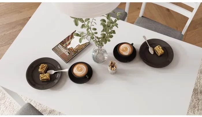 Комплект ТОРИНО маса + 4 стола Бяло/Светло сиво (тъкан Савана 21) - ДЪРВЕН КОМПЛЕКТ ЗА КУХНЯ/ТРАПЕЗАРИЯ