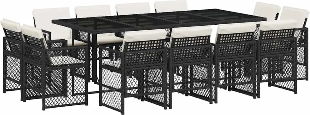 3210858 vidaXL Външен трапезен комплект 13 части с възглавници черен полиратан