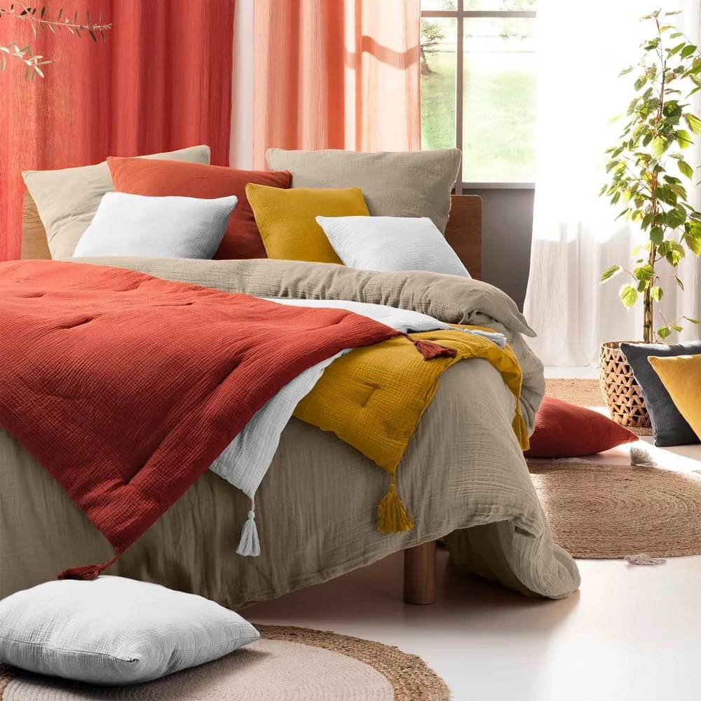 Бежово удължено муселиново спално бельо за двойно легло 220x240 cm Angelia - douceur d'intérieur