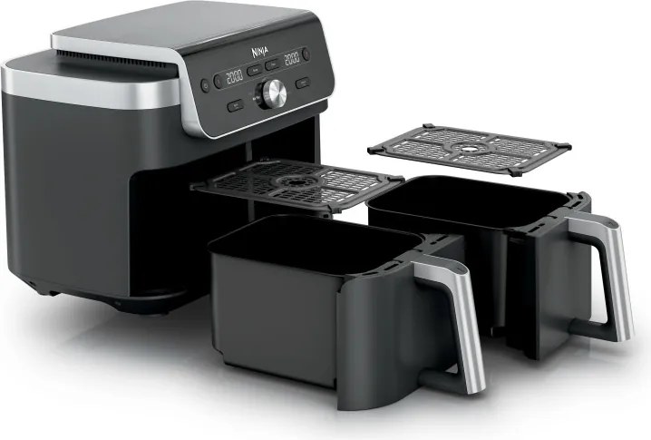 Двоен фритюрник с горещ въздух Ninja Foodi Dual Zone DZ901EU, 2470W, Независими зони за готвене, 9.5 л, 6 програми, 40-240C, Max Crisp, Sync, Сив/Инокс