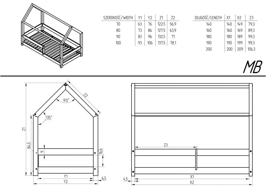 Детско легло от борова дървесина 90x200 cm Mila MB - Adeko
