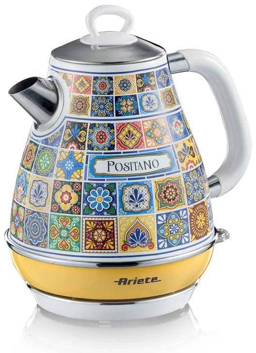 Електрическа кана Ariete Positano 2869/0P, 2000W, 1.7 л, Подвижен филтър, Прозорец за водата, 360C безжична основа, Бял/Жълт