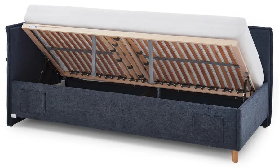 Тъмносиньо тапицирано ъглово детско легло 90x200 cm с място за съхранение с включена подматрачна рамка Fun – Meise Möbel