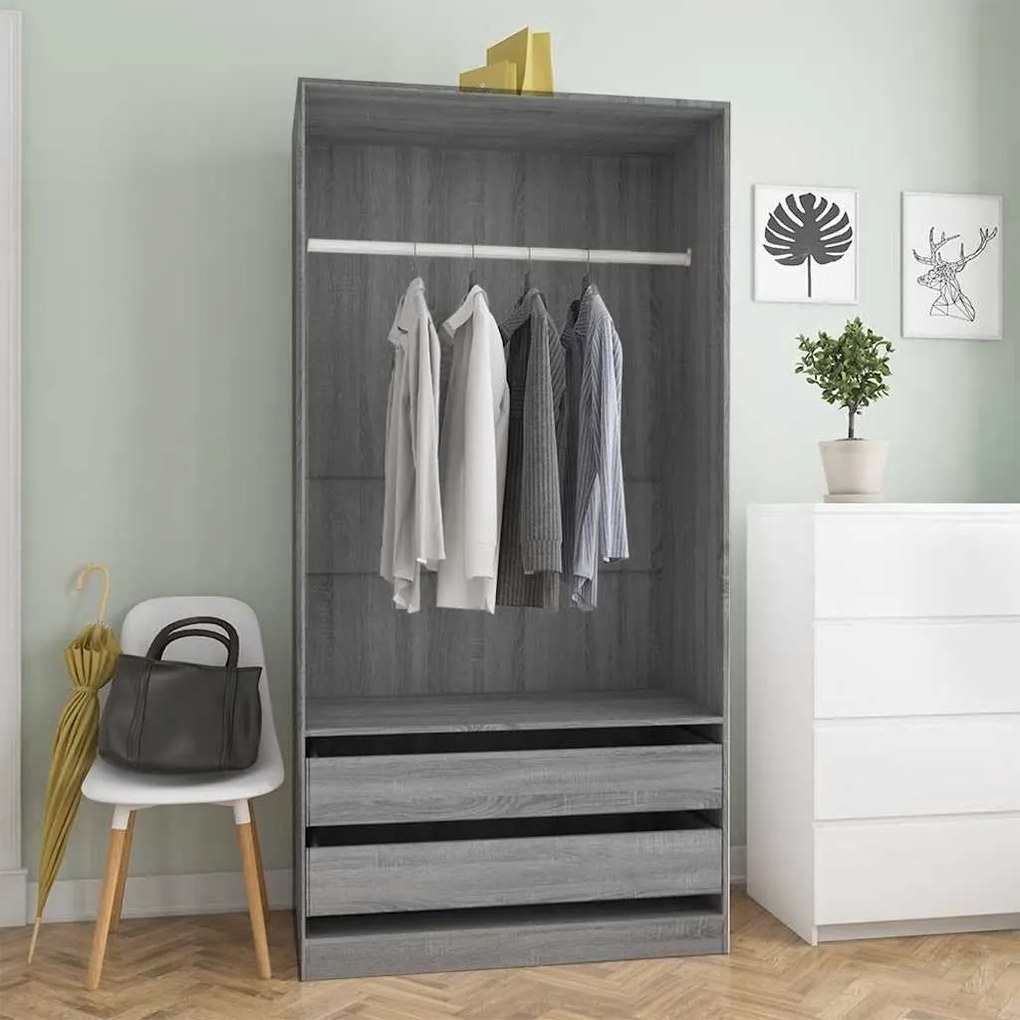 815346 vidaXL Гардероб, сив сонома, 100x50x200 см, инженерно дърво