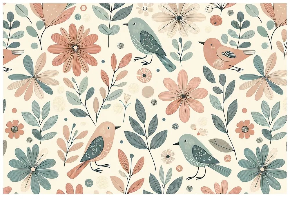 Фототапет – Пастелни птички и цветя