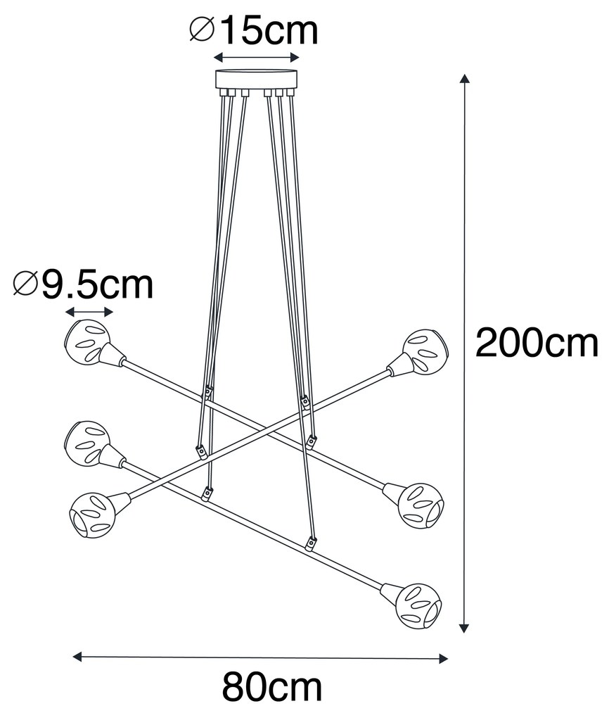 Висяща лампа черна с месинг и опушено стъкло 6-светлина - Vidro