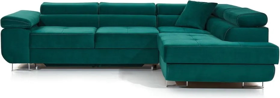 Зелен кадифен разтегателен ъглов диван с място за съхранение (десен ъгъл L форма) Anton – ELTAP