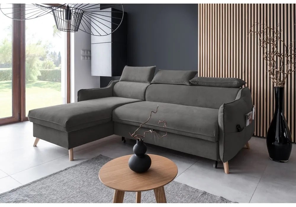 Тъмносив ъглов разтегателен диван от кадифе (ляв ъгъл) Sweet Harmony - Miuform
