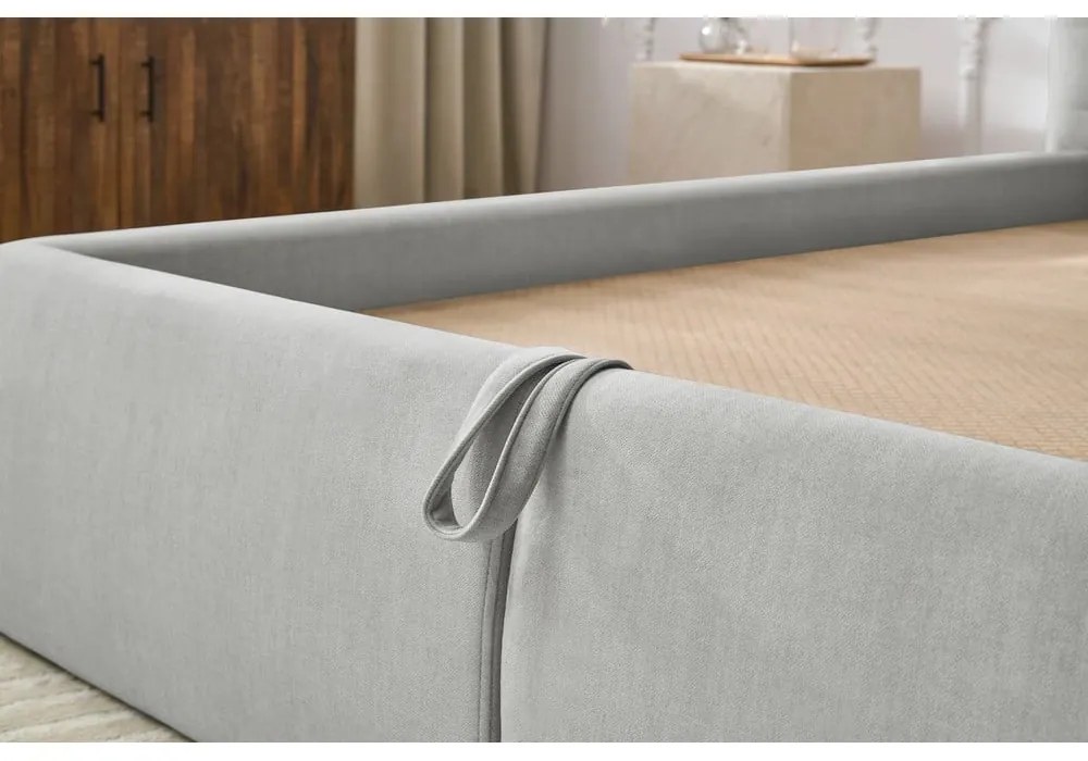 Светлосиво тапицирано двойно легло с място за съхранение с решетка 180x200 cm Clothilde - Bobochic Paris