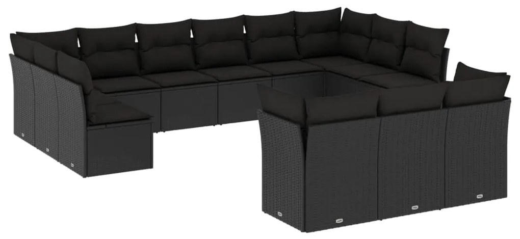 3218445 vidaXL Градински диван с възглавници, 13 части, черен, полиратан