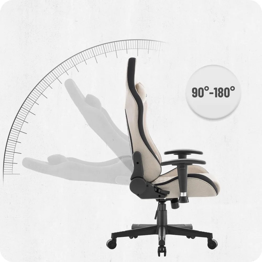Геймърски стол CABRO C508 с облегалка, регулируема до 180°, и 2D подлакътници, с максимална товароносимост 150 кг, бежов