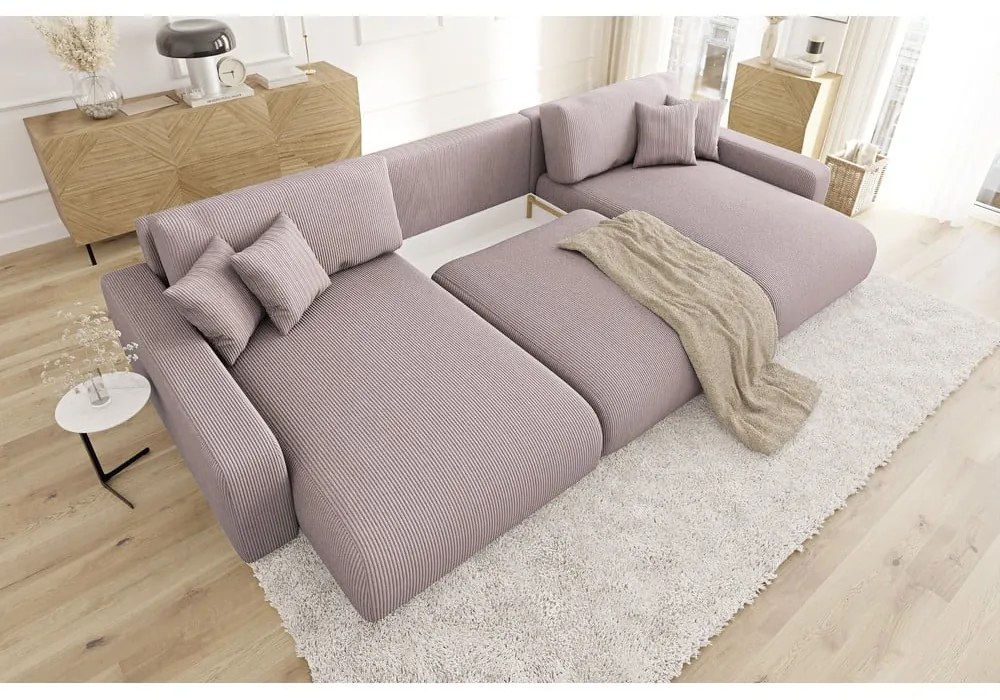 Светлорозов ъглов диван с място за съхранение от рипсено кадифе Sara – Ropez