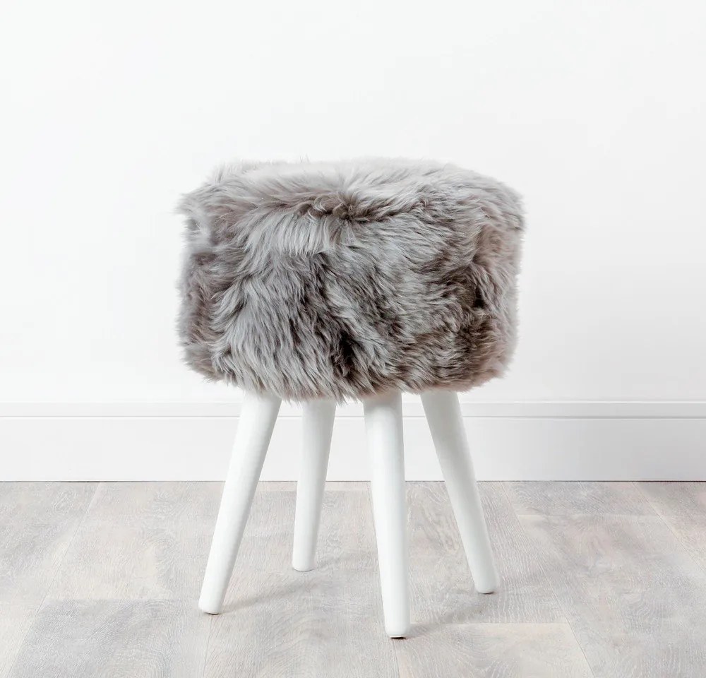 Табуретка със седалка от сива овча кожа Бяла, ⌀ 30 cm - Native Natural