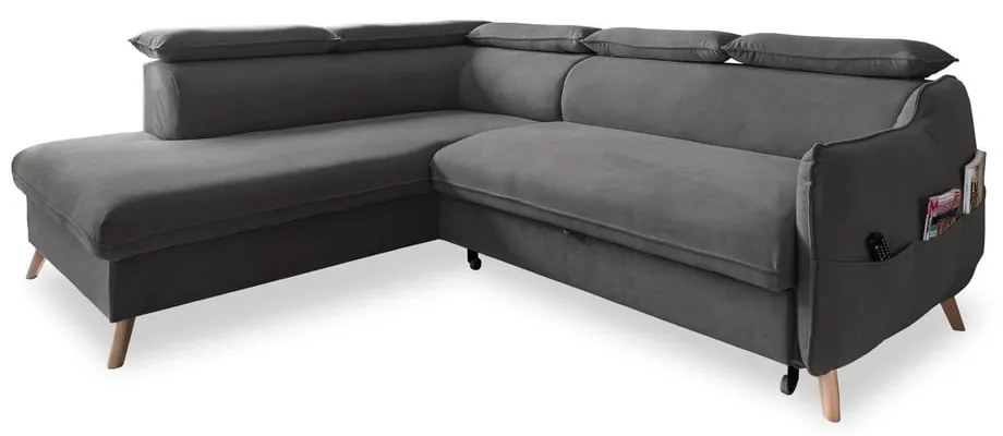Тъмносив ъглов разтегателен диван от кадифе (ляв ъгъл) Sweet Harmony - Miuform