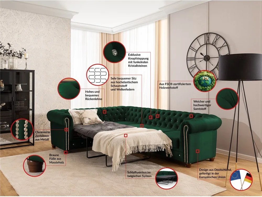 Зелен кадифен разтегателен ъглов диван (ляв ъгъл L форма) York Blik – Ropez