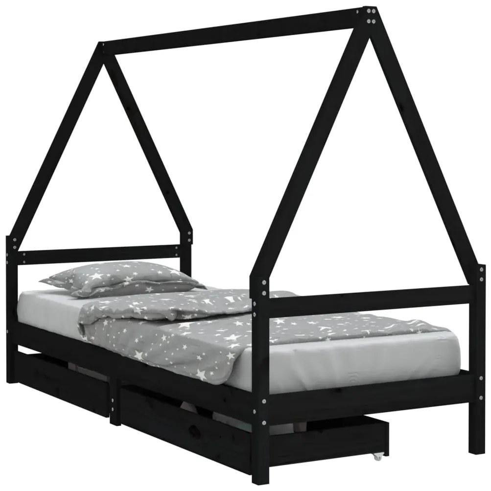 834467 vidaXL Рамка за детско легло с чекмеджета, черно, 80x200 см, чам масив