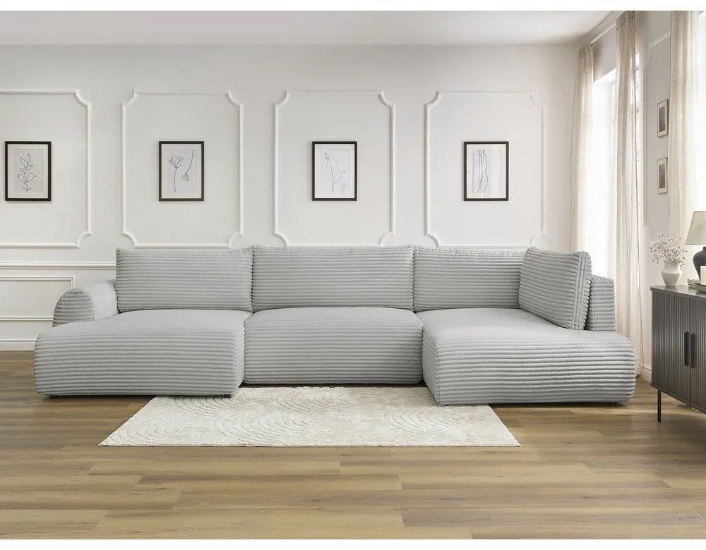 Светлосив разтегателен ъглов диван от рипсено кадифе (ляв ъгъл/"U" форма) Lucien – Bobochic Paris