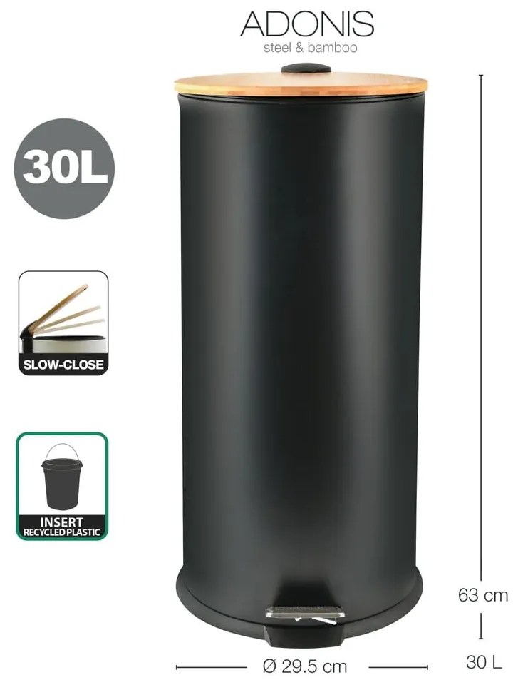 Матово черно стоманено кошче за боклук с педал 30 l Adonis – Spirella