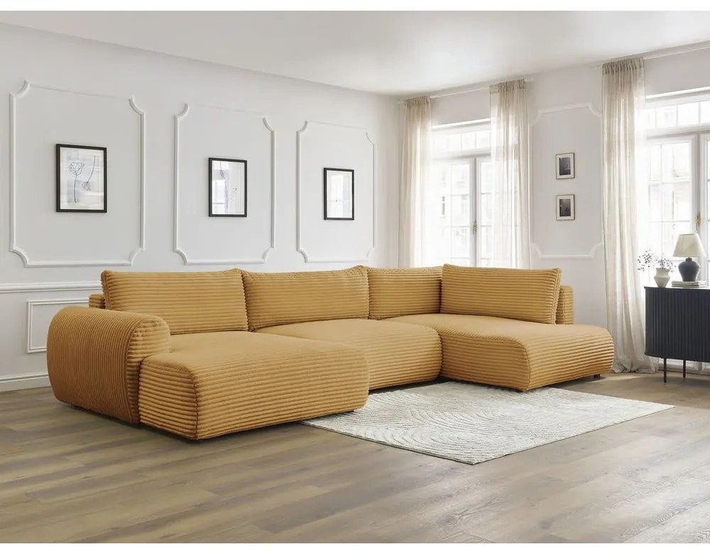 Разтегателен ъглов диван от рипсено кадифе в цвят горчица (ляв ъгъл/"U" форма) Lucien – Bobochic Paris