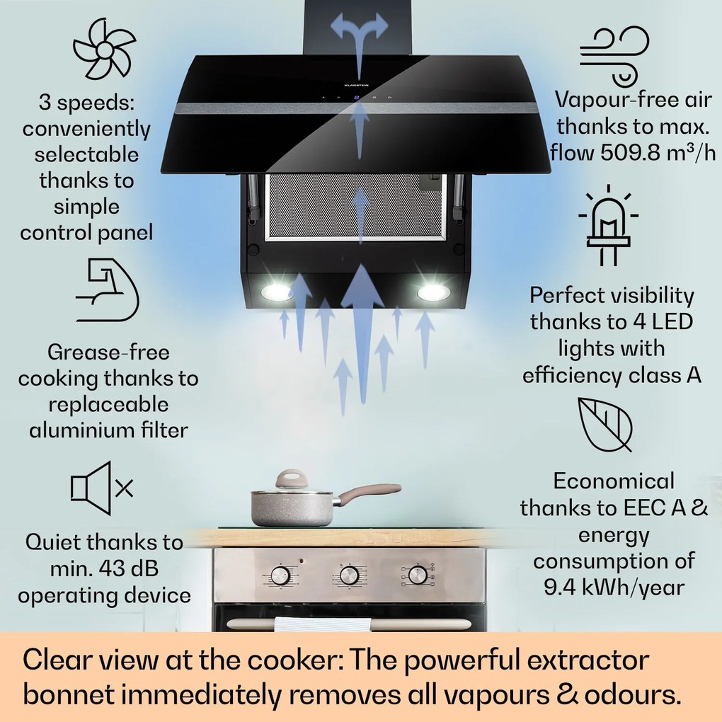Klarstein Clara 90, абсорбатор, 509 м³/ч, сензорен дисплей, околно осветление