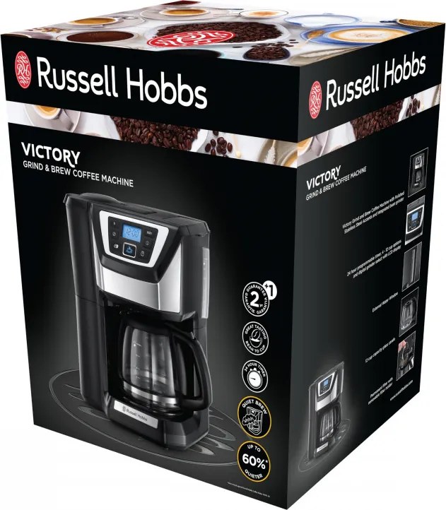 Кафемашина с вградена мелачка Russell Hobbs Victory Grind & Brew 22000-56, 1025W, 1.5 л, 250 гр, 12 чаши, Таймер, Вграден филтър, Черен/инокс