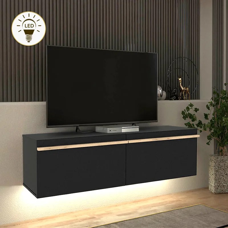 Меламинов стенен ТВ шкаф Morel с LED осветление в черен цвят 140x41.8x40см.