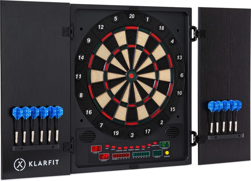 KLARFIT Dartmaster 180, табло за стрелички, предна врата, вкл. 12 стрелички и 24 стрелички, захранване, монтаж на стена