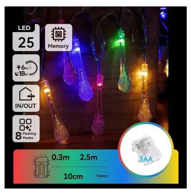 Aigostar - Външна коледна LED гирлянда RGBY, 25 LED диода, 8 функции, захранване с 3 x AA, 2,5 m, IP44, капковидни лампички