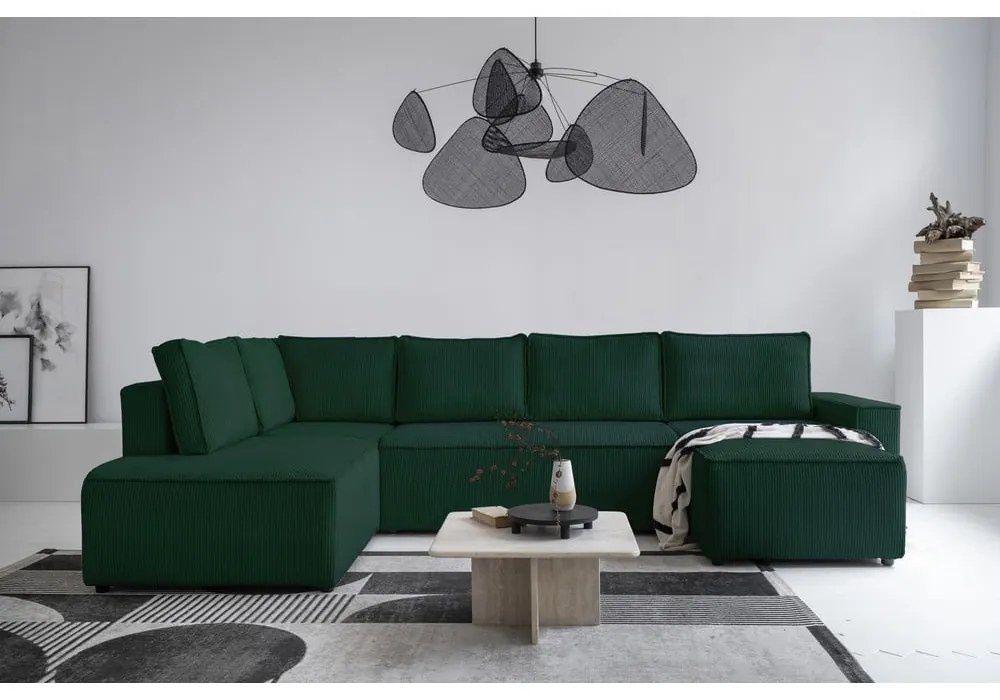 Тъмнозелен разтегателен ъглов диван от рипсено кадифе (ляв ъгъл/"U" форма) Brave Dave – Miuform