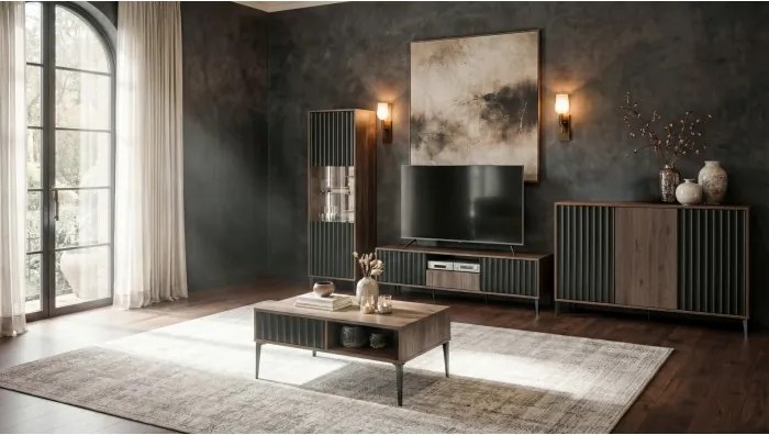 Шкаф РИМИНИ РТВ-182 Елегантен Орех/Черно - МОДЕРЕН ТВ ШКАФ С ЧЕКМЕДЖЕ/РАФТ И НАБРАЗДЕНИ ФРОНТОВЕ