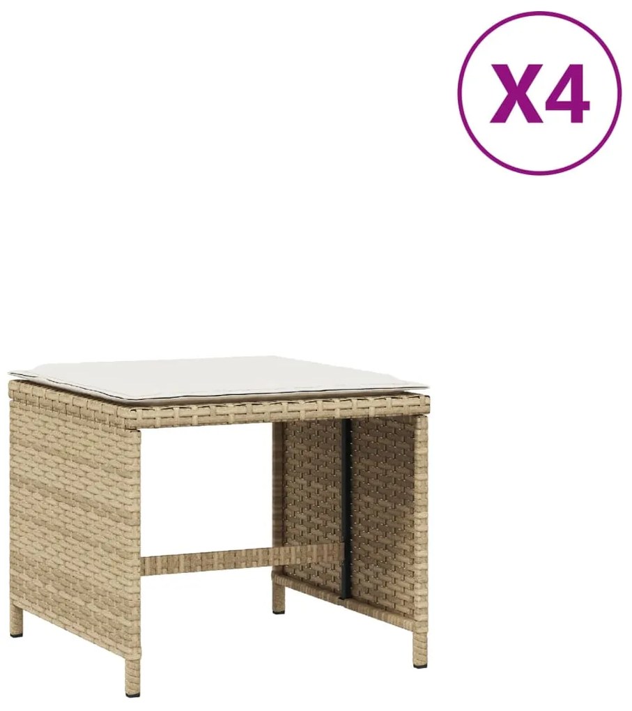 4007487 vidaXL Външни табуретки с възглавници 4 бр бежов 40x40x35 см полиратан