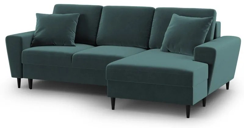 Кадифен разтегателен ъглов диван с място за съхранение в петролен цвят (десен ъгъл) Kyoto – Cosmopolitan Design