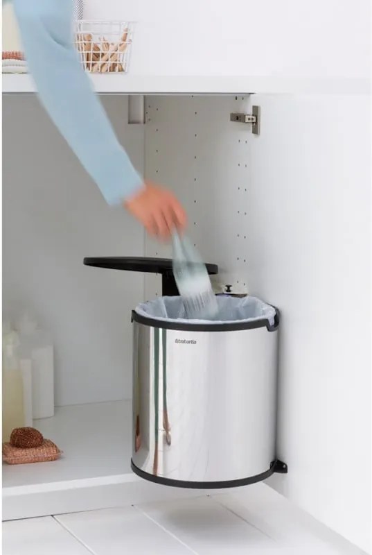 Кош за боклук за вграждане Brabantia Built-In 647044, 15 л, Широк отвор, Пластмасова вътрешна кофа, Инокс