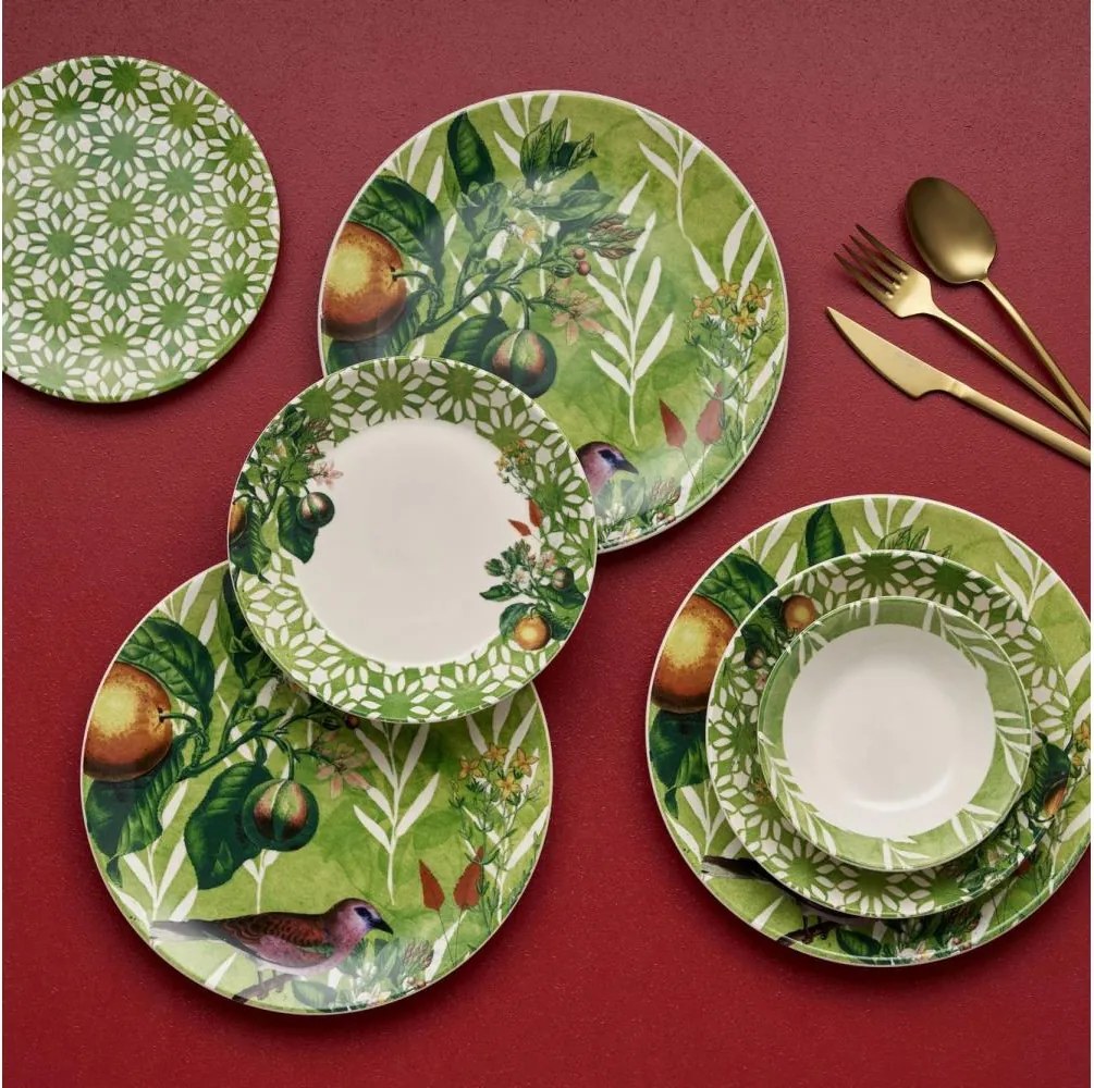 Комплект за хранене 24 части, зелен/бял, керамика