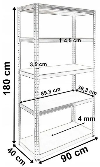 Стабилен метален стелаж за съхранение с 5 рафта 180x90x40 см