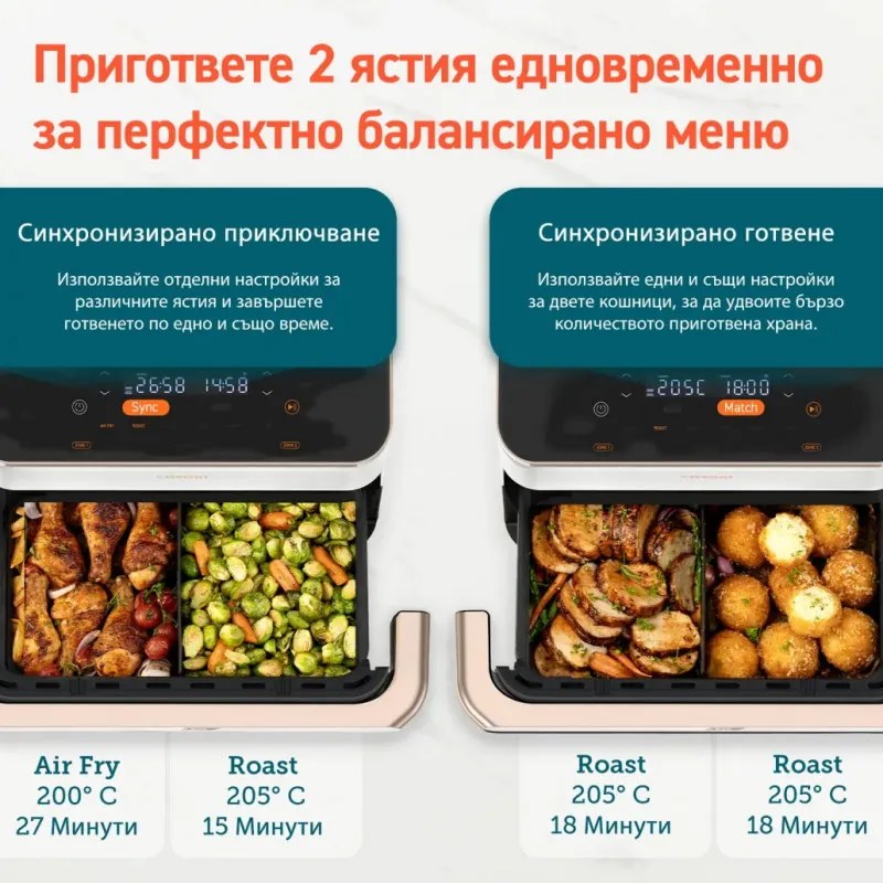 Двоен фритюрник с горещ въздух Cosori Dual Blaze TwinFry CAF-TF101S, 10 л, 6 програми, 35-240 C, Таймер, ThermoIQ, Синхронизирано готвене и приключване, Бял