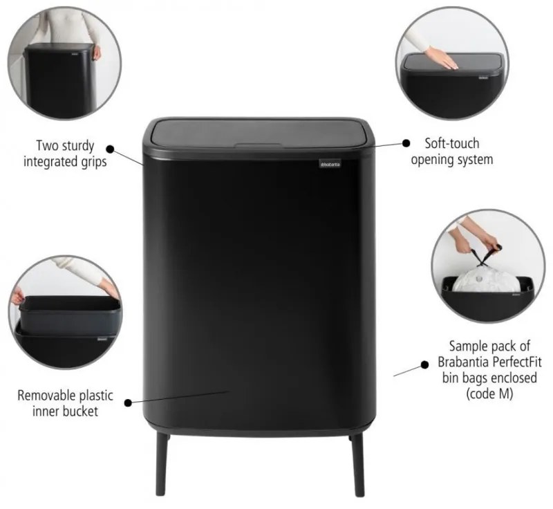 Кош за боклук Brabantia Bo Touch Hi 1001260, 60 л, Повдигнат, Плавно и безшумно отваряне, Черен мат