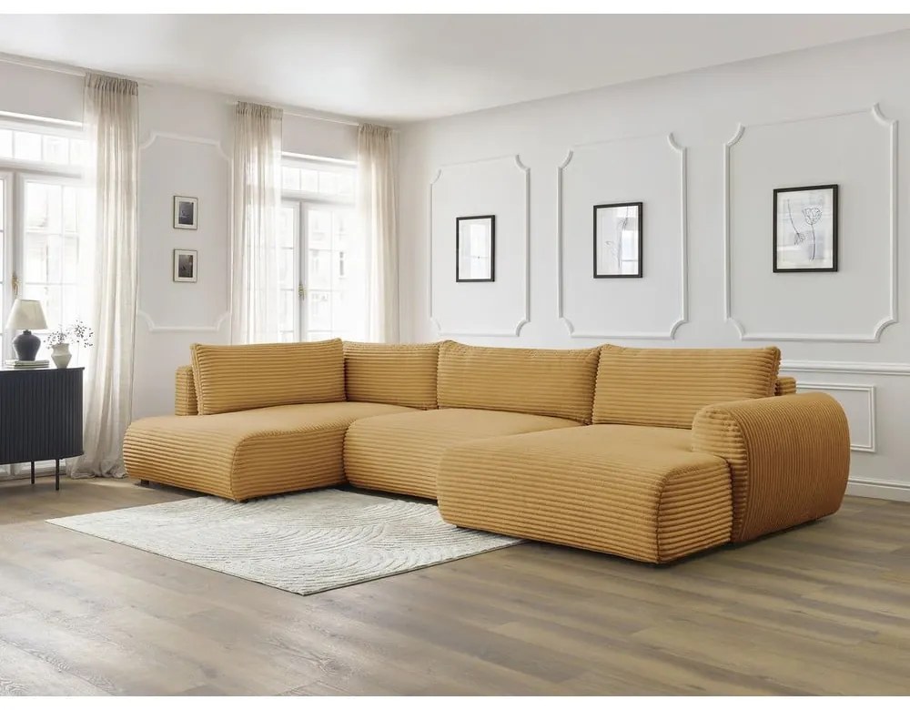 Сгъваем/с място за съхранение ъглов диван от рипсено кадифе в цвят горчица (ляв ъгъл/U форма) Lucien – Bobochic Paris