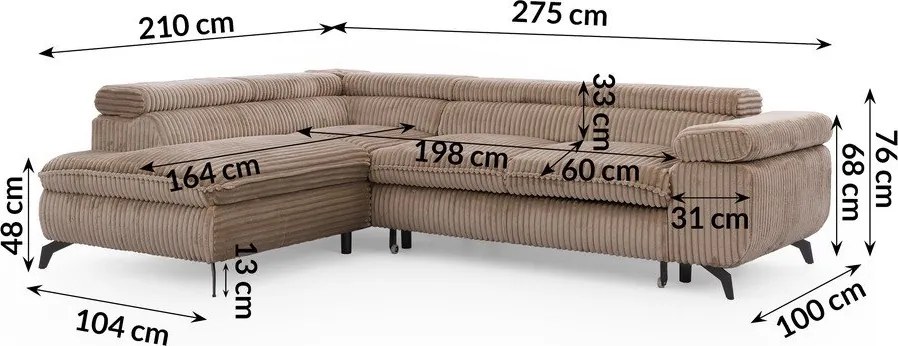 Кафяв ъглов диван от рипсено кадифе (ляв ъгъл L форма) Marbeya – Ropez