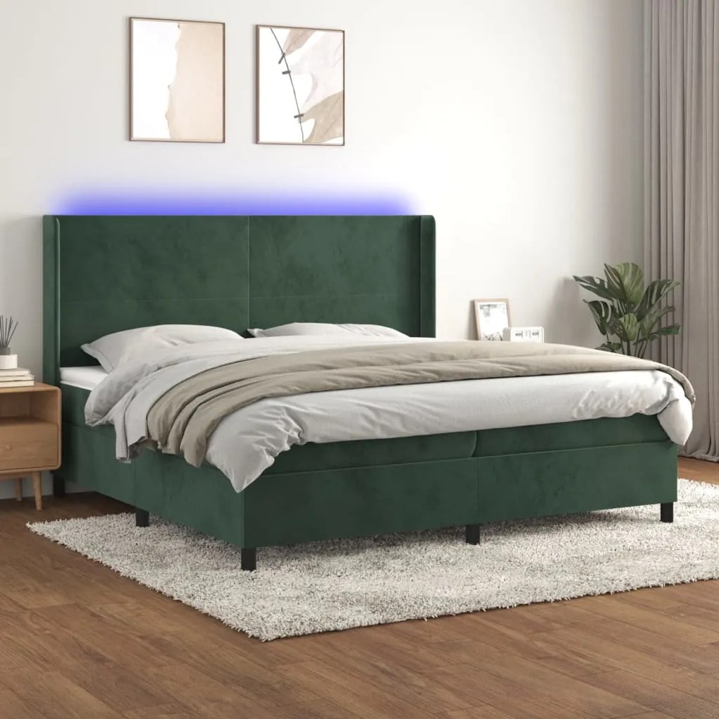 3139466 vidaXL Боксспринг легло с матрак и LED, тъмнозелено, 200x200см, кадифе