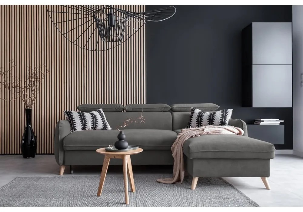 Тъмносив ъглов разтегателен диван от кадифе (десен ъгъл) Sweet Harmony - Miuform