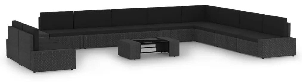 3067145 vidaXL Градински комплект с възглавници, 11 части, полиратан, черен