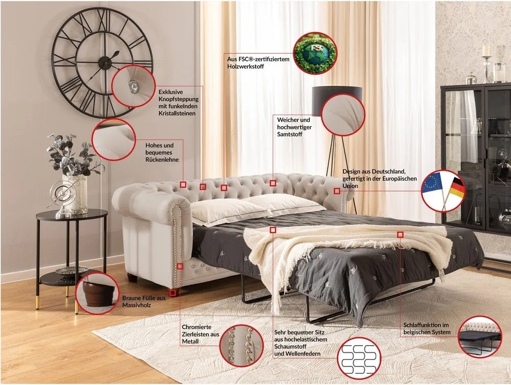 Бежов кадифен разтегателен диван 203 cm York Blik – Ropez