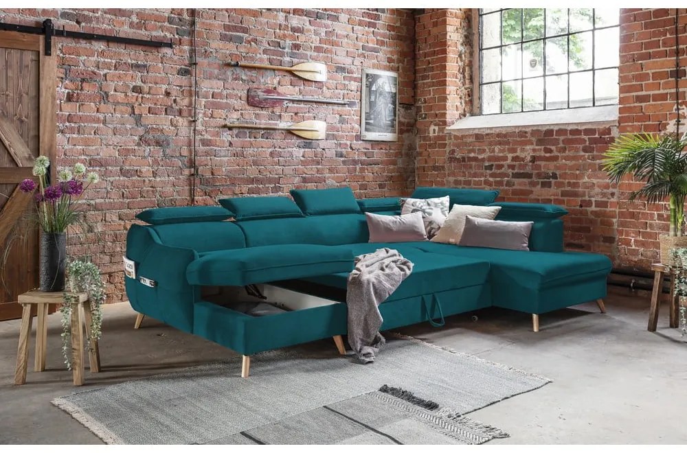 Тюркоазено кадифе, U-образен ъглов диван (десен ъгъл) Sweet Harmony - Miuform