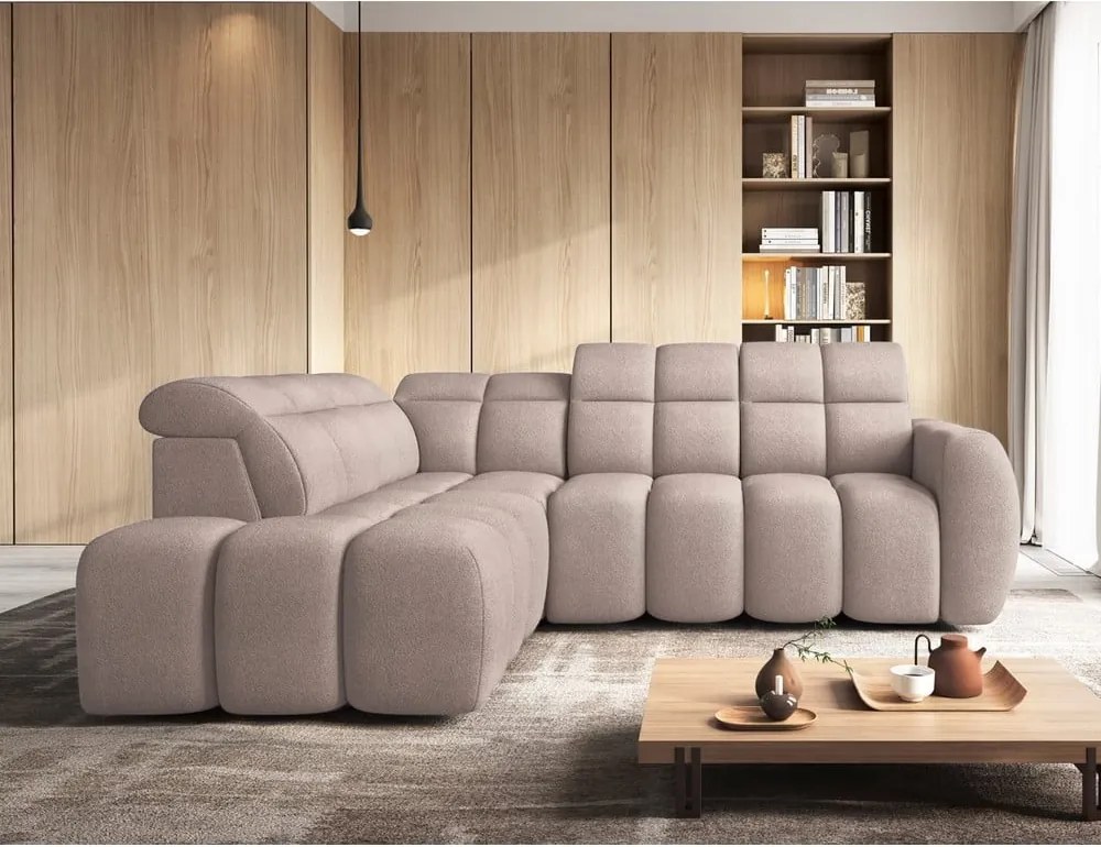 Светлокафяв разтегателен ъглов диван с място за съхранение от букле (ляв ъгъл L форма) Falconn – ELTAP