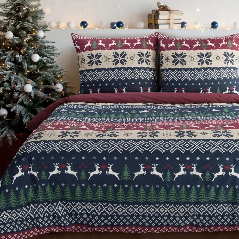 Коледен памучен комплект чаршафи с норвежки елен и дърво Ширина: 220 см | Дължина: 200 см